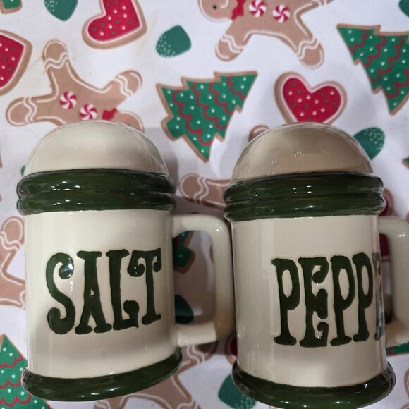 Mid Century Modern Green and Off White Salt & Pepper Shakers 5.5" - Picture 1 of 9